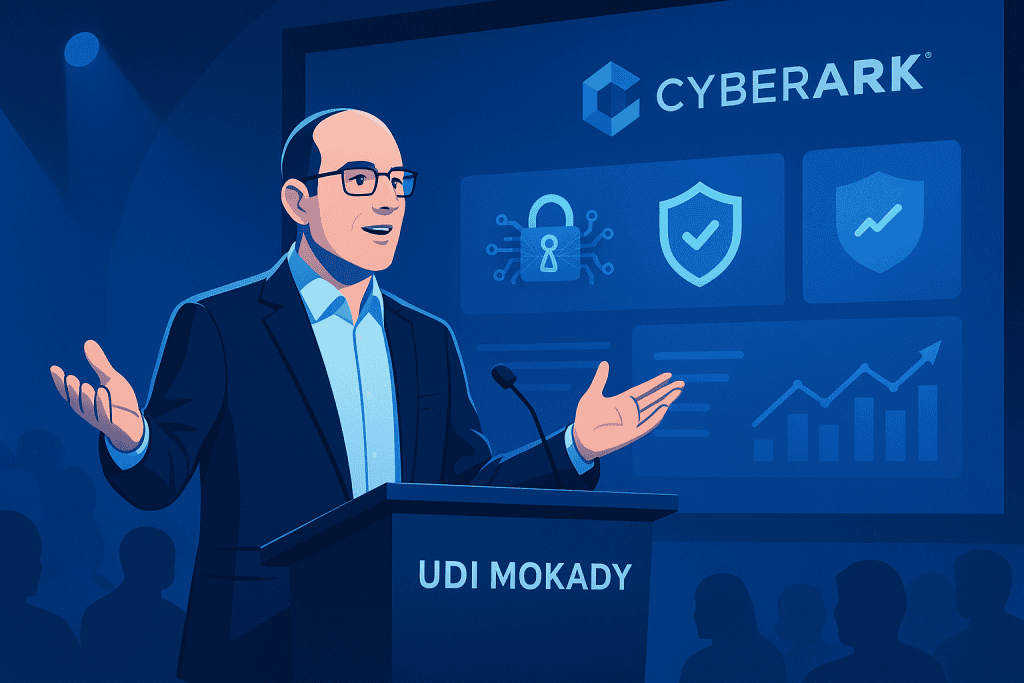 CEO Udi Mokady presenting CyberArk’s latest security innovations at a tech conference.