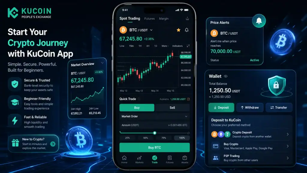 KuCoin App trading screen displaying spot trading, price alerts