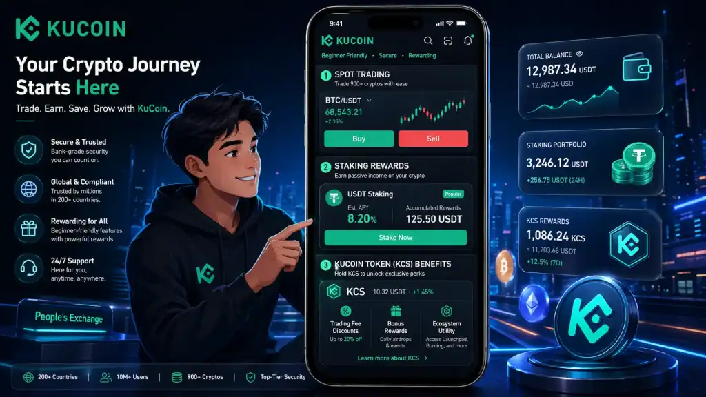 KuCoin user exploring spot trading, staking rewards, and KuCoin Token benefits through a clean mobile crypto interface.