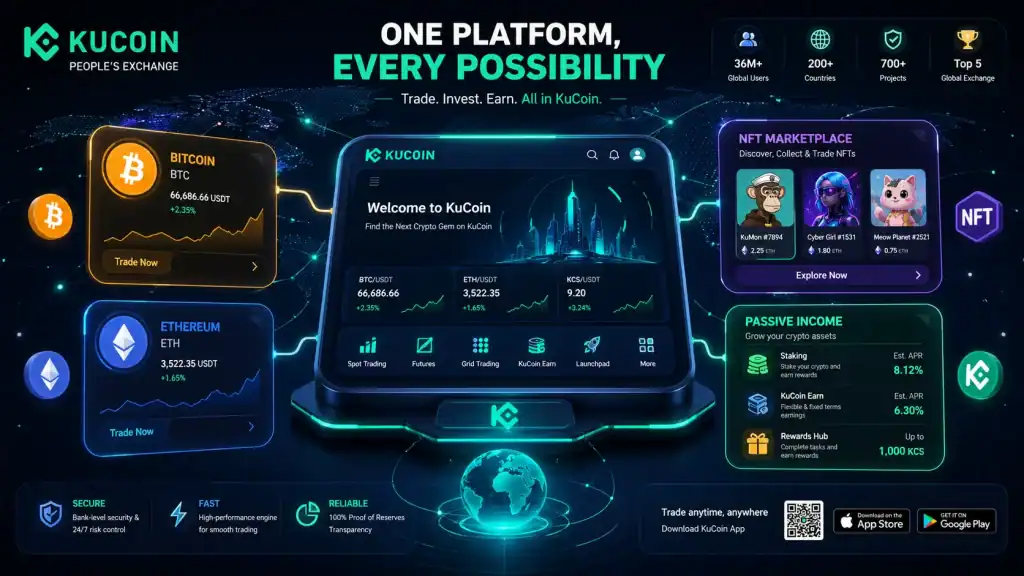 KuCoin platform concept with Bitcoin, Ethereum, NFT marketplace, and passive income features connected in a global crypto network.