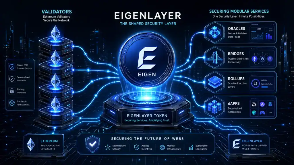 EigenLayer Token concept image with Ethereum validators securing oracles, bridges, rollups, and decentralized apps across a modular blockchain network.