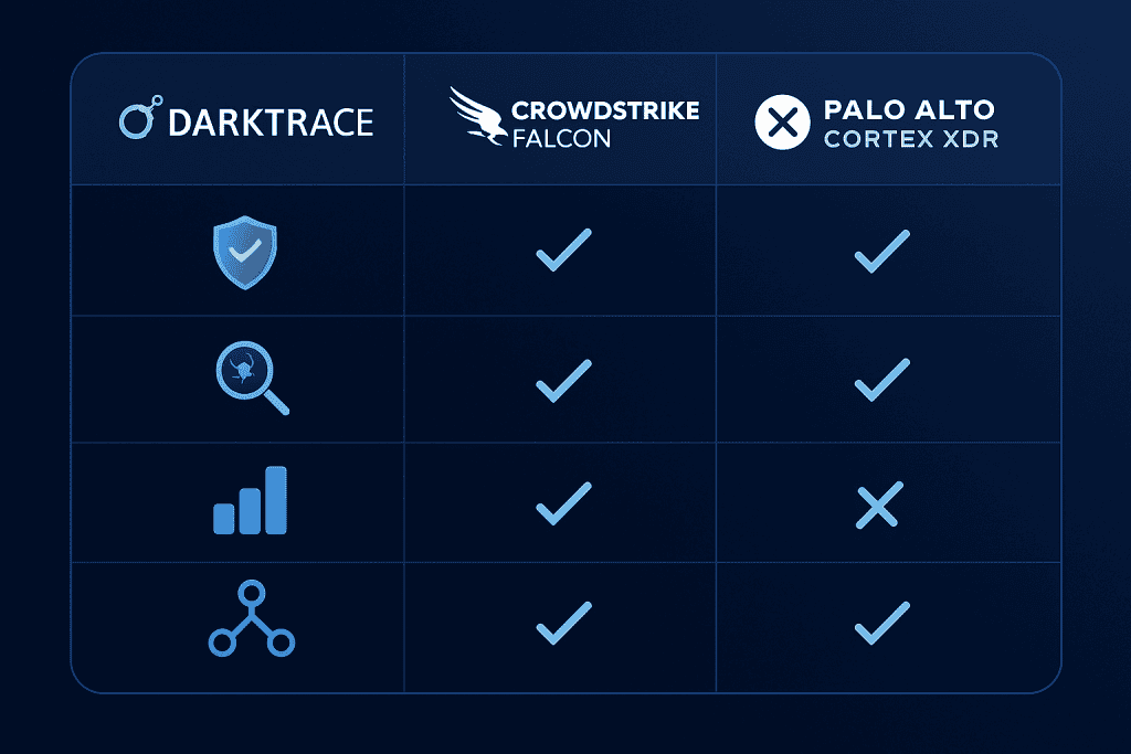 Feature comparison table of Darktrace vs CrowdStrike Falcon and Palo Alto Cortex XDR.