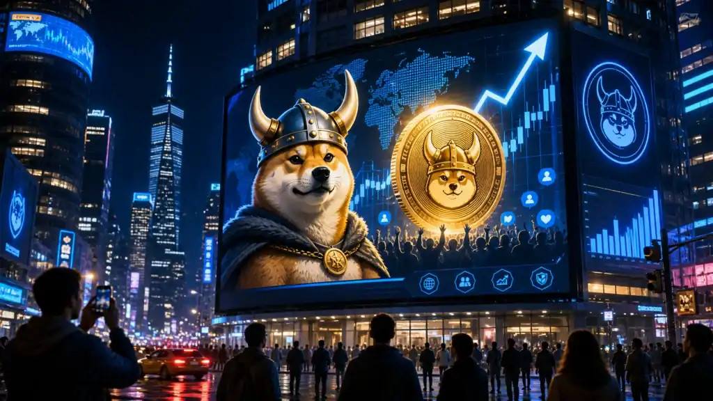 Floki Coin billboard in a busy global city at night