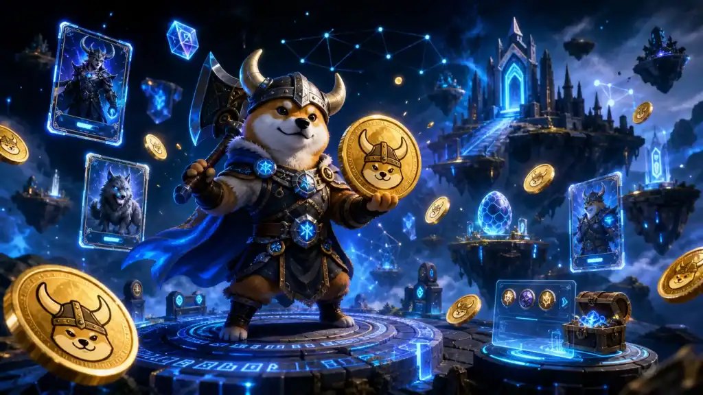 Fantasy-style blockchain gaming scene with Floki Coin rewards