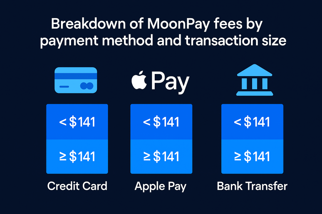 Breakdown of MoonPay fees by payment method and transaction size.