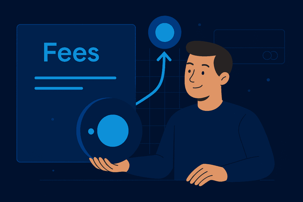 Person analyzing digital fee structure with chart and card.
