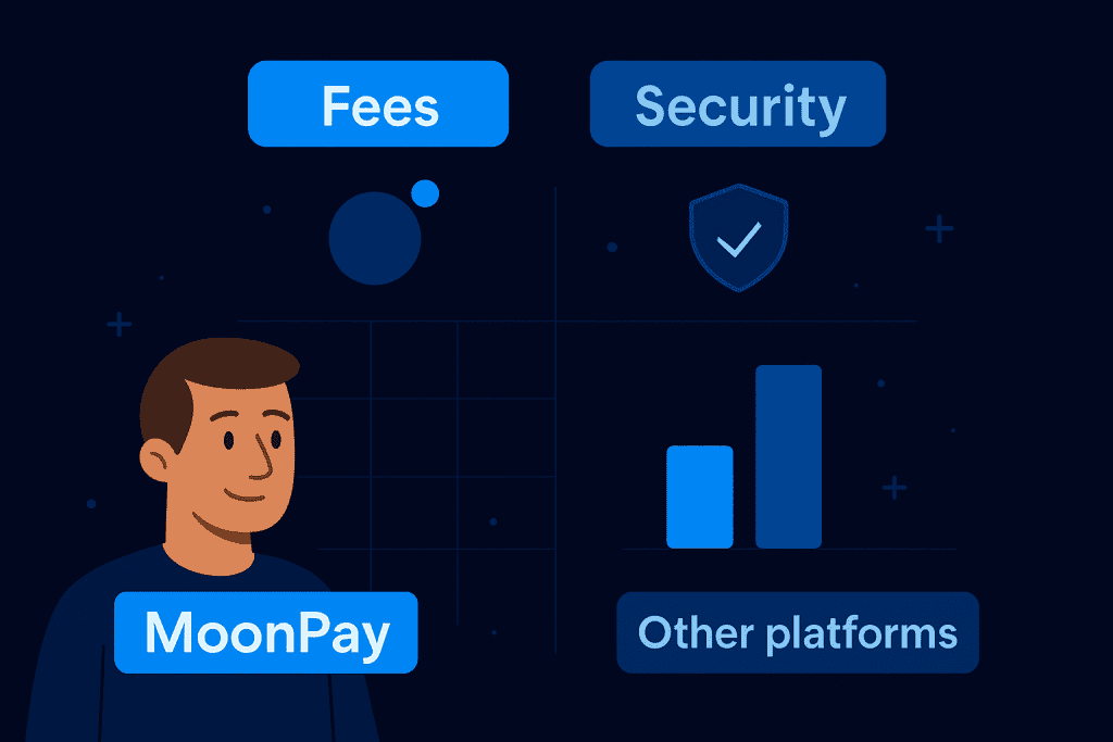 MoonPay compared to other platforms on fees and security.