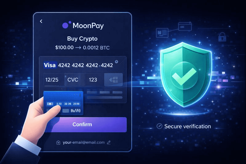 What is MoonPay checkout showing secure crypto purchase with credit card.