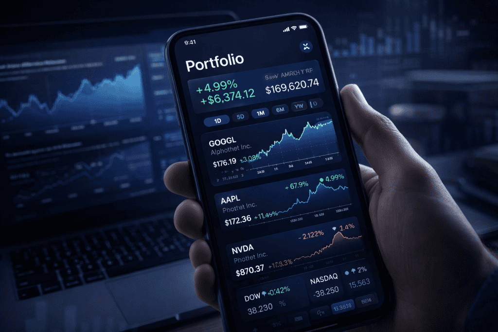 Portfolio tracking screen with stocks, trends, and performance graphs.