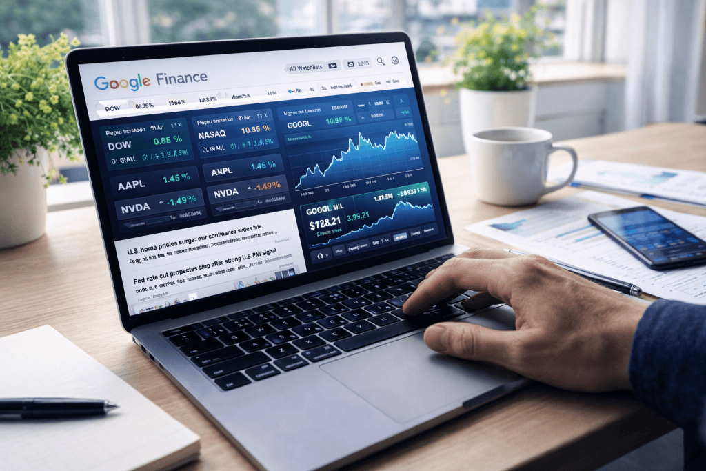Person analyzing market data on laptop in a bright home office.