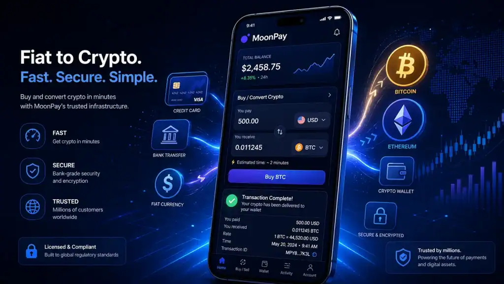 MoonPay App dashboard displayed beside digital payment symbols