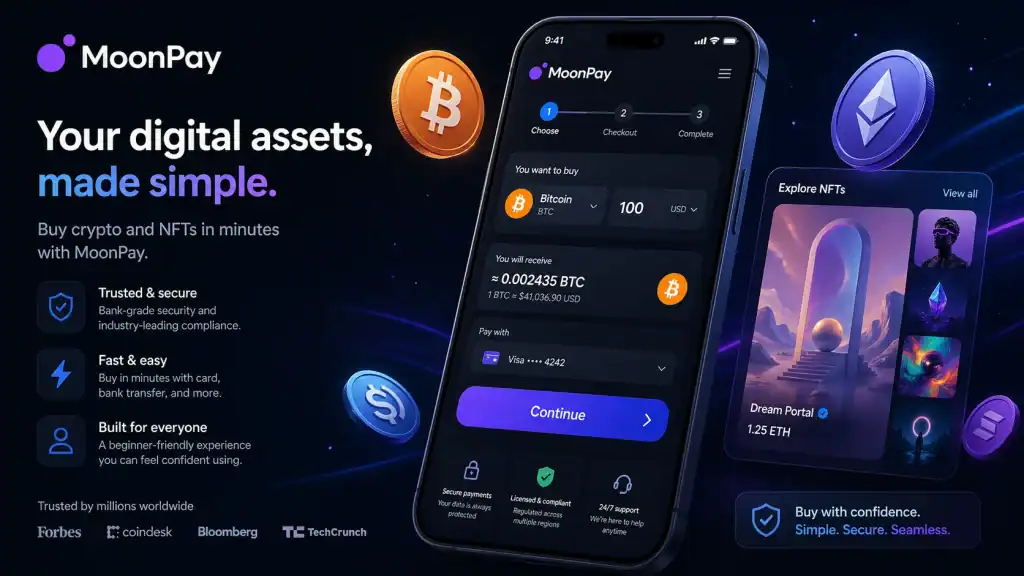 MoonPay App interface preview with NFT artwork and crypto coins