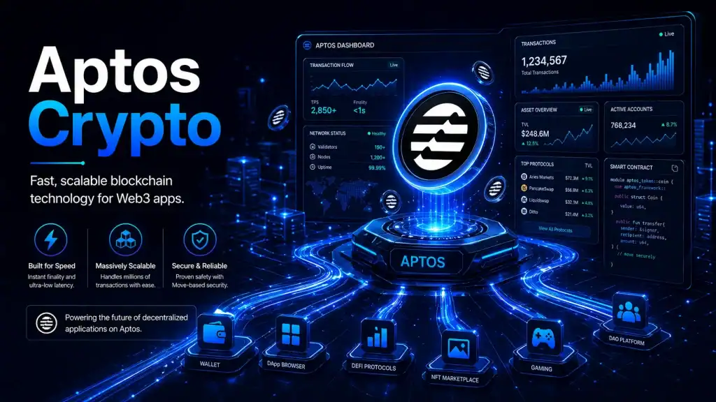 Aptos Crypto dashboard with fast transaction lines and Web3 app icons