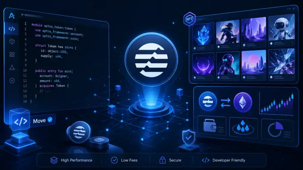 Aptos Crypto concept image featuring Move code, NFT tiles, and DeFi symbols, showcasing its developer-friendly ecosystem.