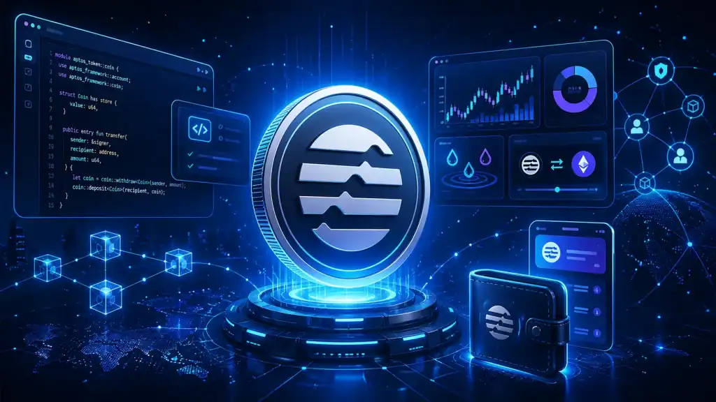 Aptos Coin concept image with developer tools, DeFi icons, and digital wallets