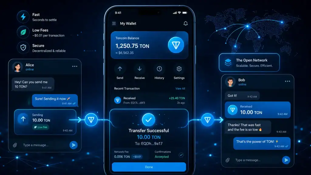 Toncoin wallet interface connected to Telegram-style chat bubbles
