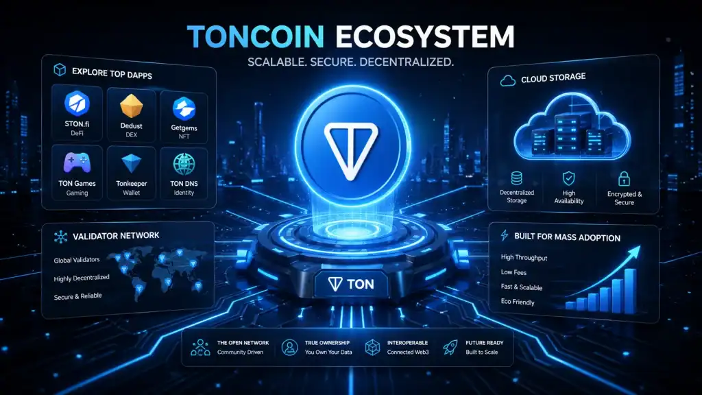 Toncoin blockchain ecosystem with dApp icons, validator nodes, and cloud storage visuals, emphasizing Web3 utility.