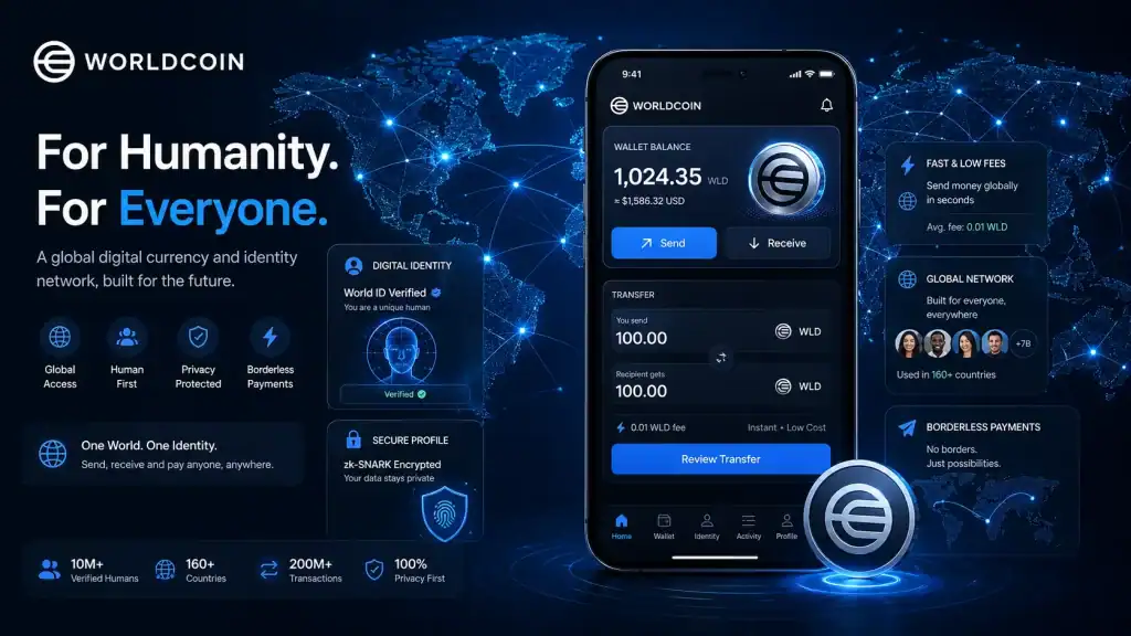 Worldcoin app interface displayed with global map connections