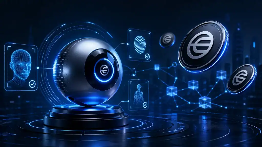 Worldcoin concept image with biometric rings, WLD tokens, and blockchain nodes