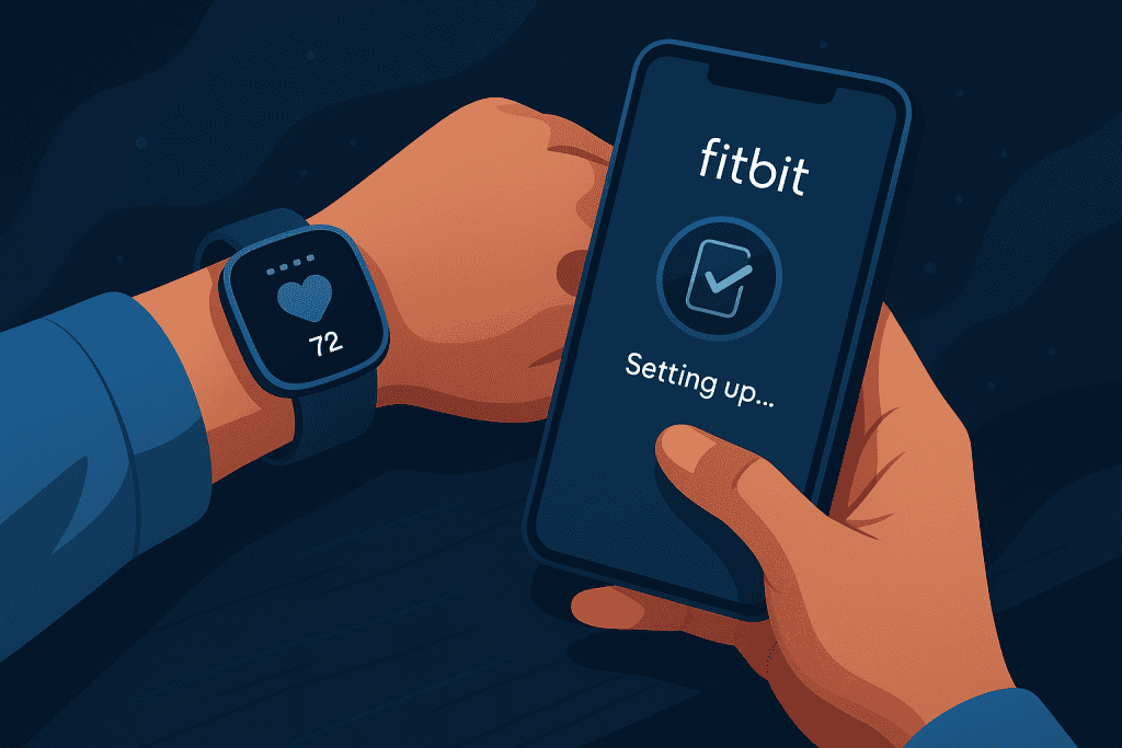 A close-up of a person setting up their Fitbit Watch via smartphone.