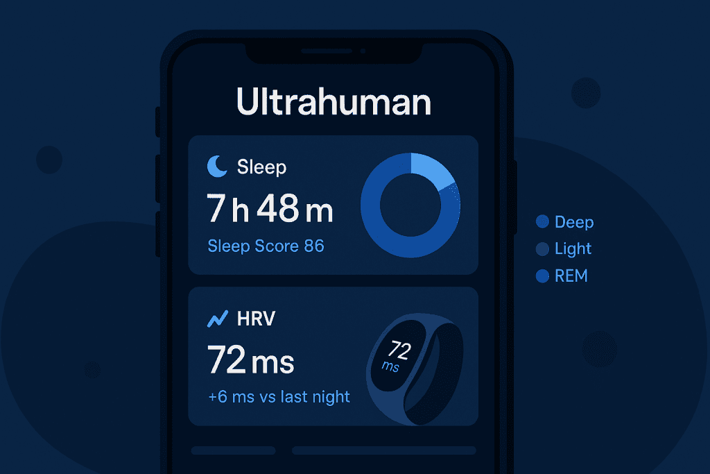 수면 및 HRV 통계를 보여주는 Ultrahuman 앱 대시보드.