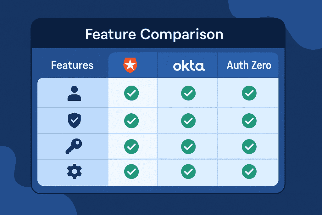 Comparison table of Auth0, Okta, and Auth Zero features