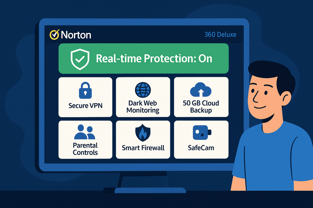 A human-friendly visual overview of Norton 360 Deluxe features and dashboard with real-time protection enabled.