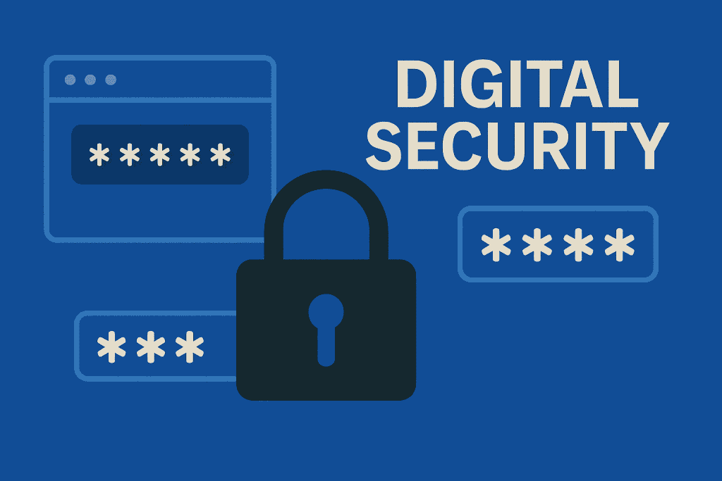 Digital security concept with password icons and lock