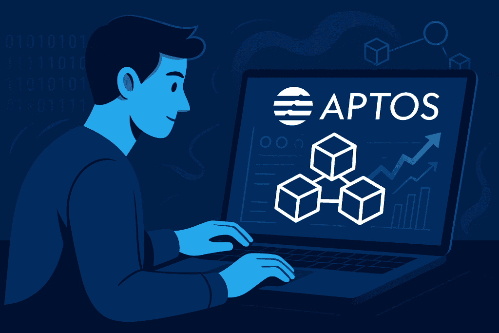 Person exploring Aptos blockchain on laptop