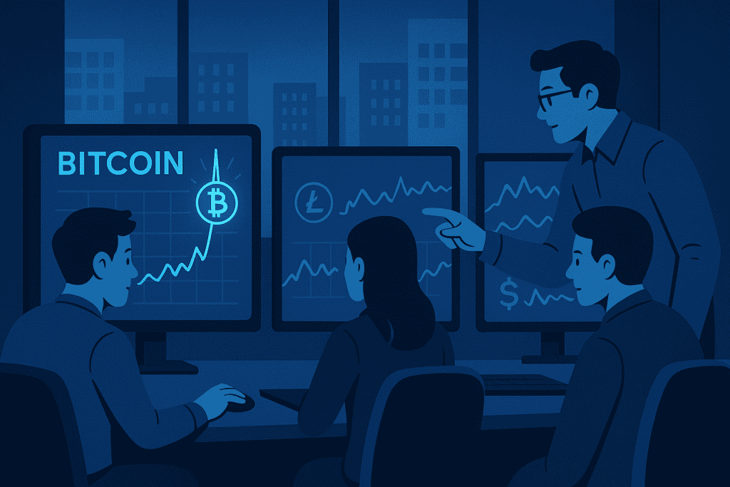 Traders monitoring crypto charts during bitcoin volatility surge