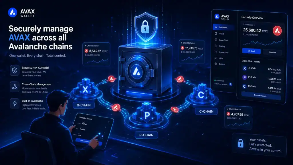 Avax Wallet user securely managing AVAX across X-Chain, P-Chain, and C-Chain with digital vault and blockchain network visuals.