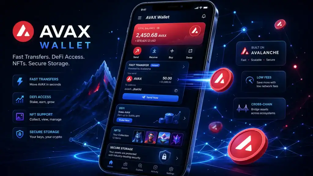 Avax Wallet mobile app concept displaying fast AVAX transfers, DeFi access, NFT support, and secure crypto storage features.