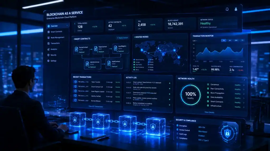 Blockchain as a Service dashboard displaying smart contracts