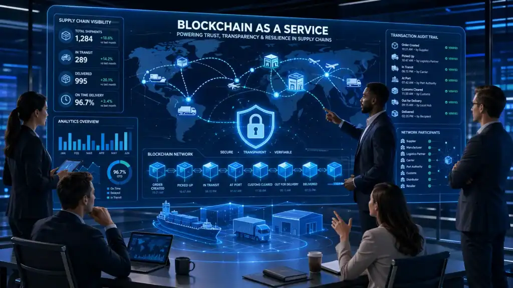 Business team using Blockchain as a Service to improve supply chain tracking