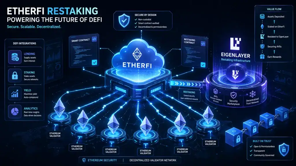 EtherFi restaking concept showing Ethereum validators connected to EigenLayer