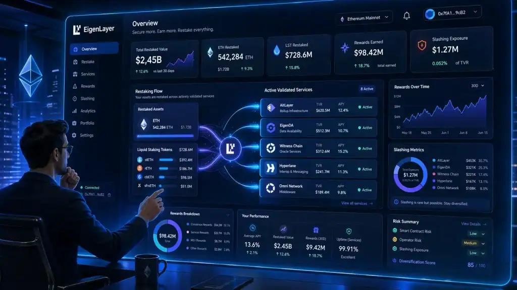 EigenLayer dashboard showing a user restaking ETH and liquid staking tokens across multiple services with rewards and slashing metrics.