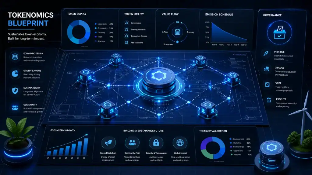 Tokenomics blueprint with blockchain nodes, governance tokens, and sustainable project planning
