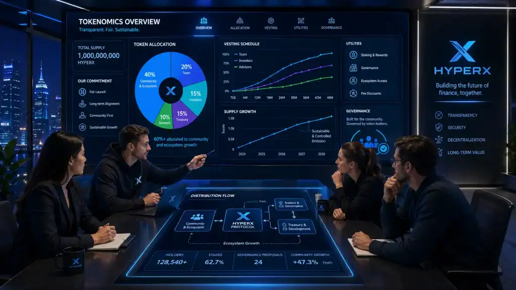 Crypto founders analyzing Tokenomics charts for fair distribution and long-term investor trust