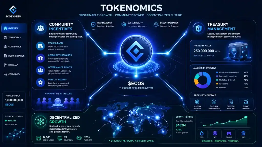 Tokenomics ecosystem visual with community incentives, treasury management, and decentralized growth