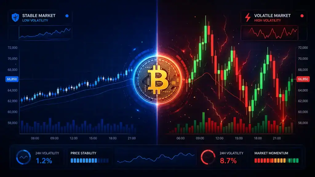 Bitcoin Volatility illustrated through a split-screen crypto chart