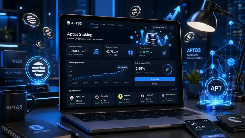 Aptos staking dashboard displayed on a laptop