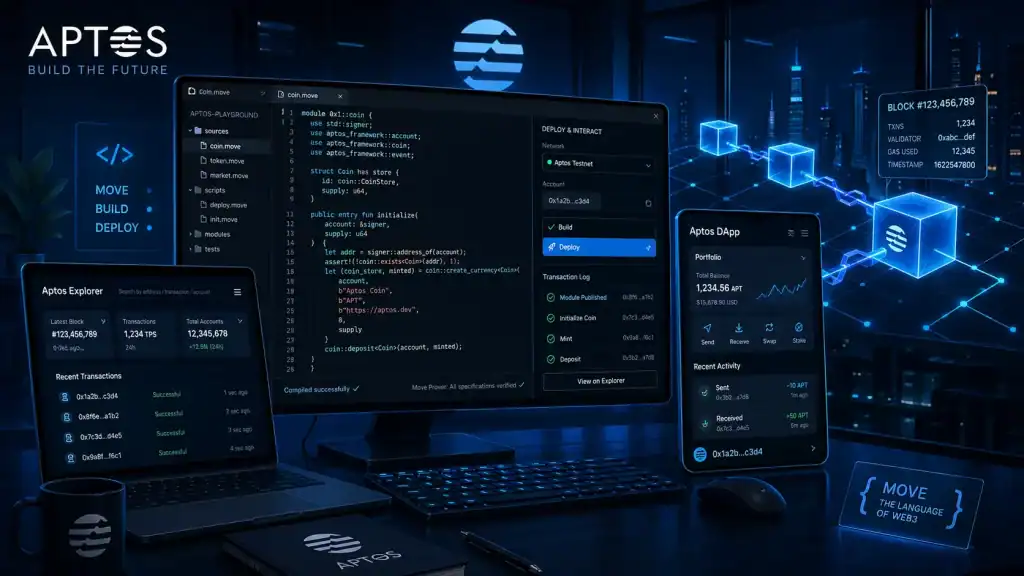 Aptos developer scene featuring Move smart contract code, dApp interface screens, and connected blockchain blocks across a neon tech grid.