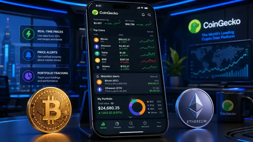 CoinGecko mobile app showing real-time cryptocurrency prices,