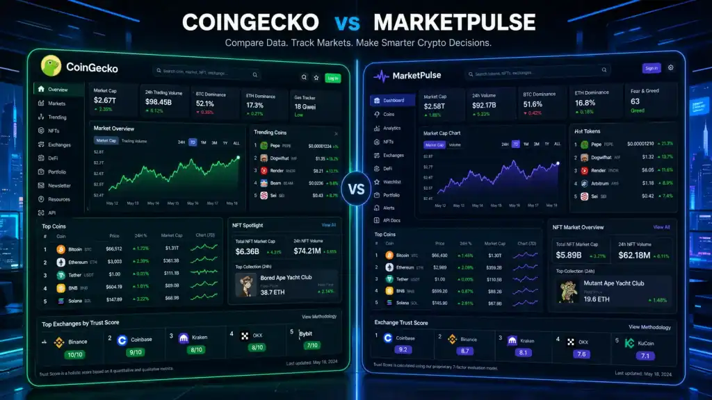 CoinGecko comparison scene with two crypto tracking platforms on split screens