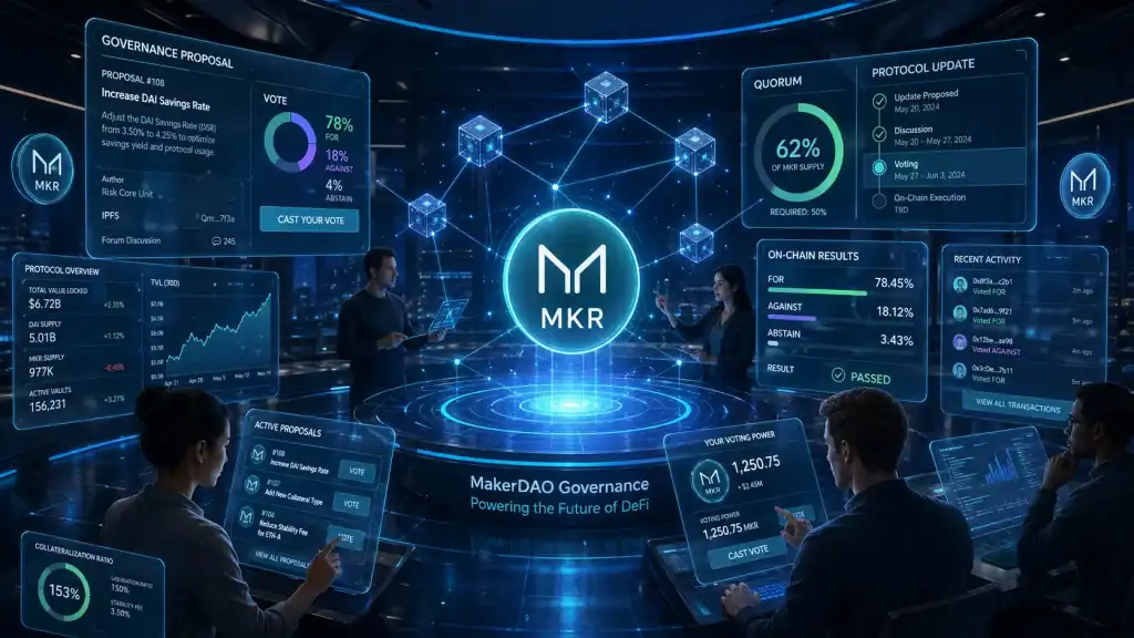 MakerDAO governance scene with MKR token holders voting on protocol updates through connected blockchain nodes and transparent DeFi dashboards.