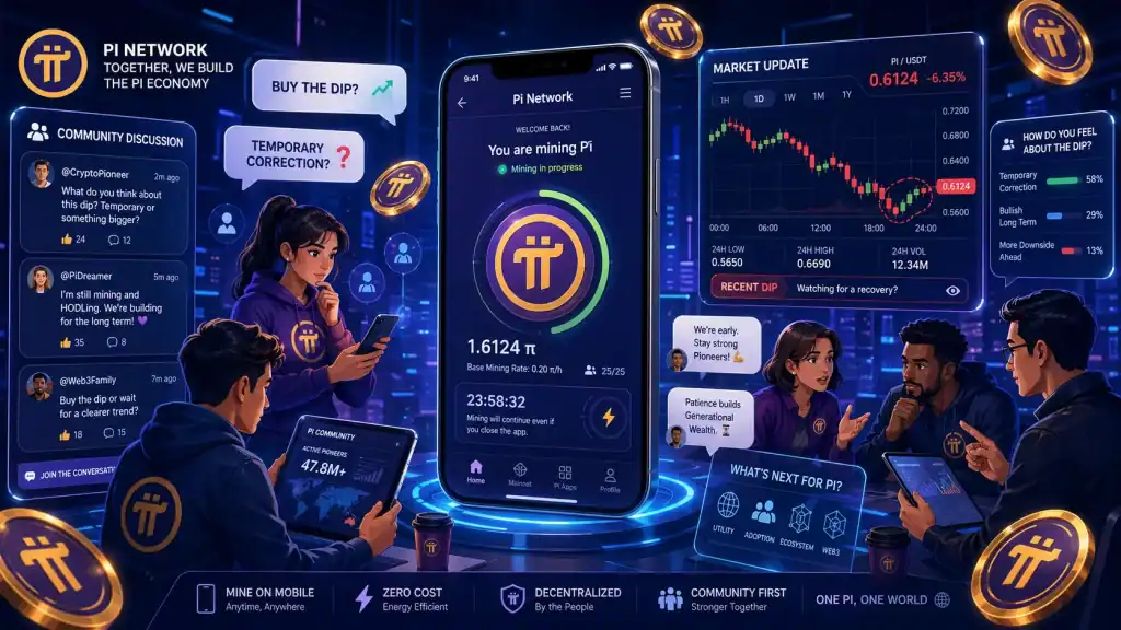 Pi Coin community reaction scene featuring smartphone mining