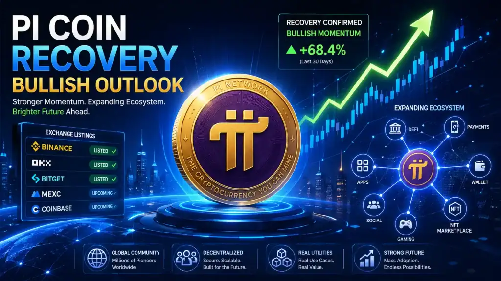 Pi Coin recovery concept showing bullish arrows, blockchain visuals