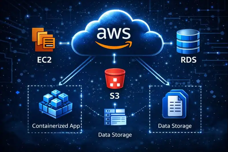 Diagram showing how AWS services like EC2, S3, and RDS connect