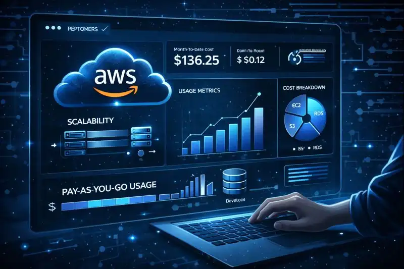 Developer dashboard view illustrating what is AWS scalability and pay-as-you-go usage