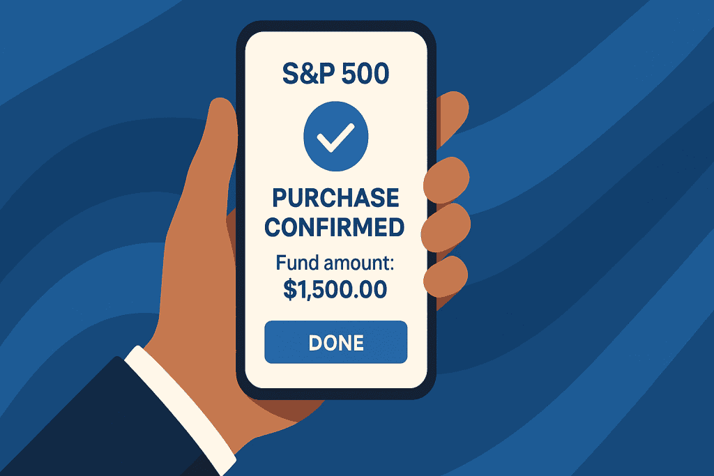 Phone screen showing S&P 500 fund purchase confirmation.